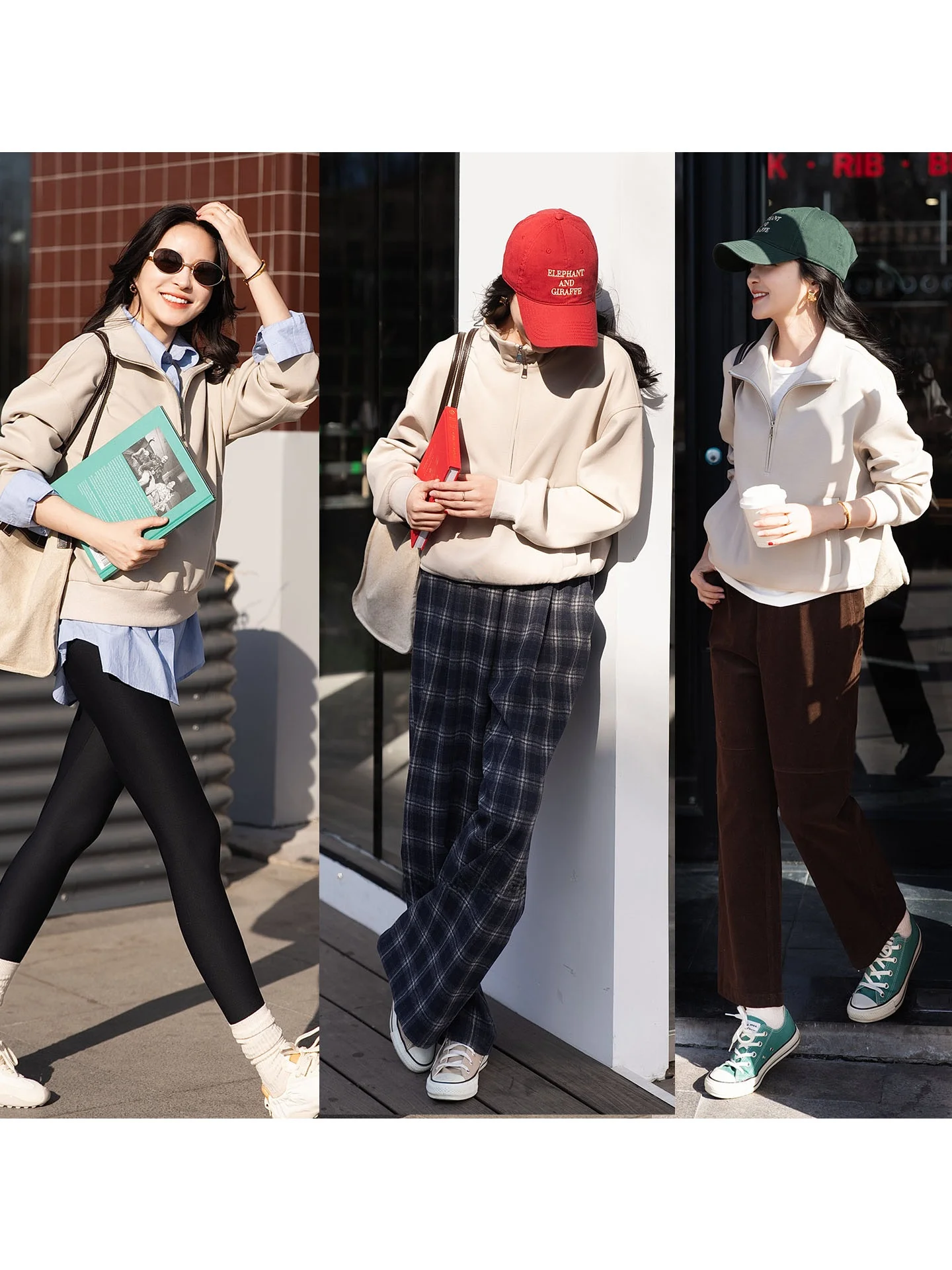 

Женский свитшот Ele Vintage Simple Fre Milk Apricot Color с воротником-стойкой, текстурированный, из ткани Air Layer, свободного кроя, с длинными рукавами