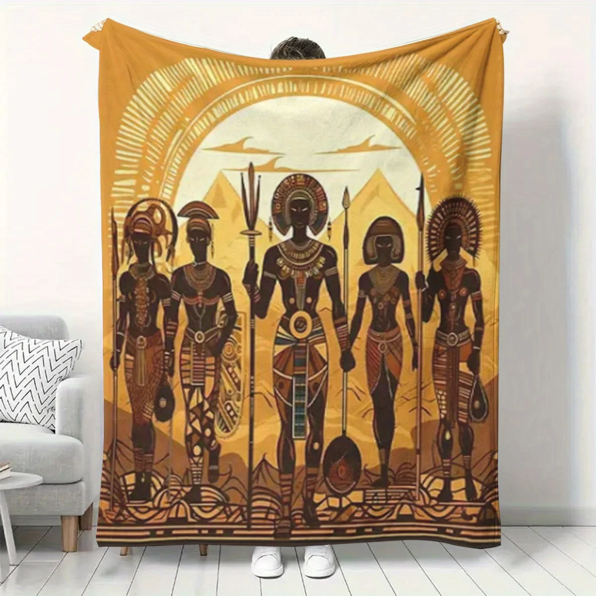 Luxury Egyptian Pharaoh Warrior Blanket Throw Tapestry Boho Picnic Cover Ethnic Gold Ancient Wall Decor Couch Cozy Winter Gift