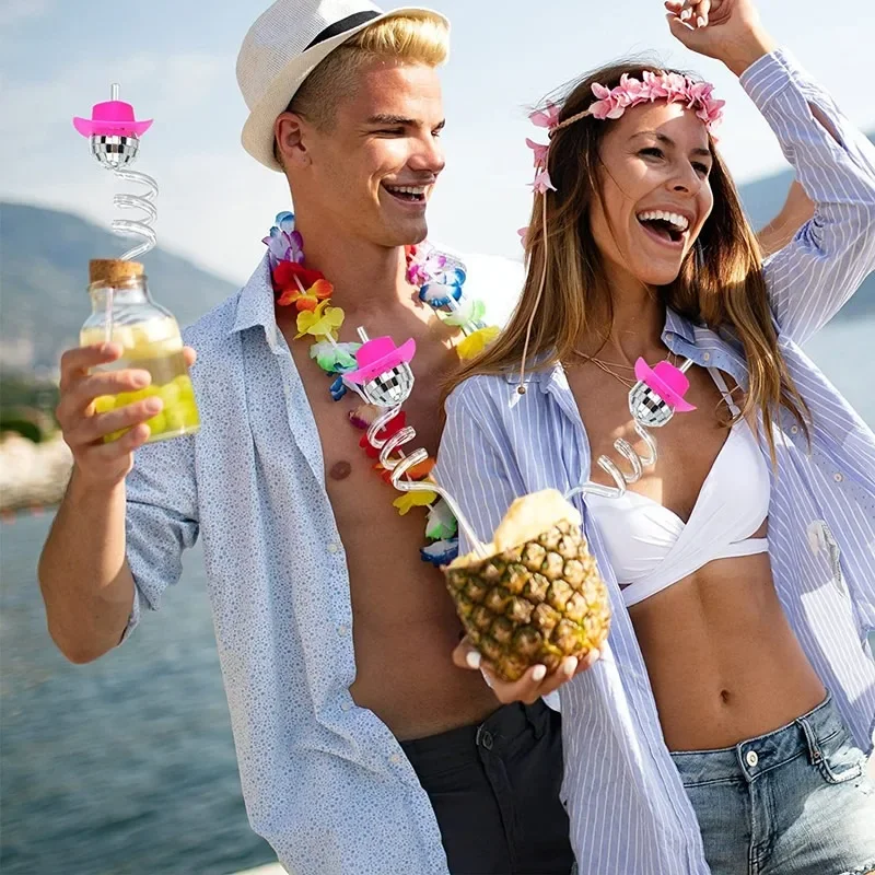 2pcs/set Cowboy Hat Straw Disco Party Decor Mini Cowboy Hat Straw Adult Birthday Bachelorette Party Bride To Be Party Straws