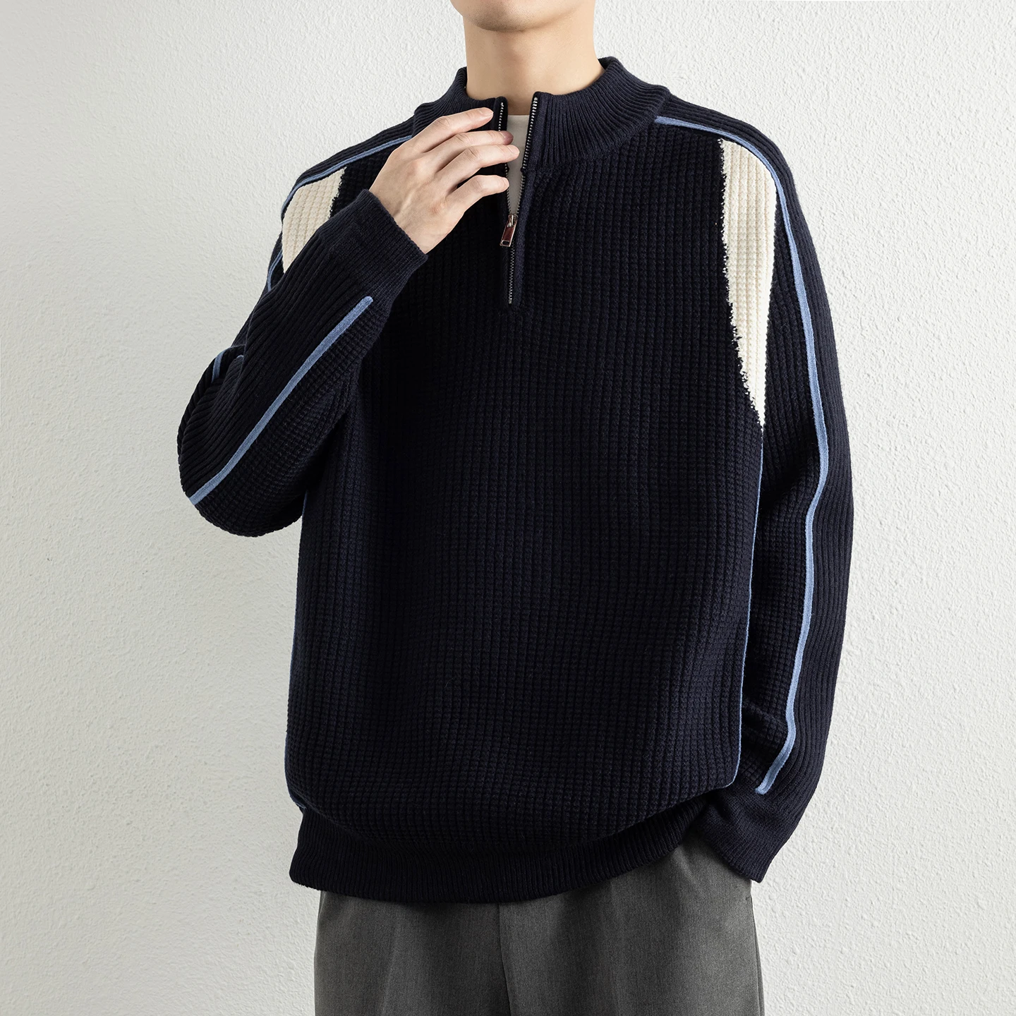 

Мужской утепленный вязаный свитер с круглым вырезом, в стиле колор-блок, из толстой пряжи, осенне-зимний, новый, премиум-класса