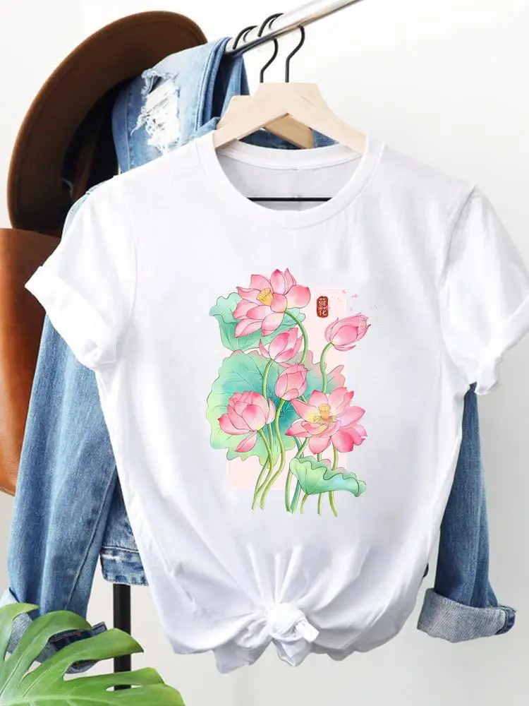 

Women's Clothing Casual Woman Tshirts Print Lovely Flower Short Sleeve Top Fashion Graphic T-shirts Printing Tee