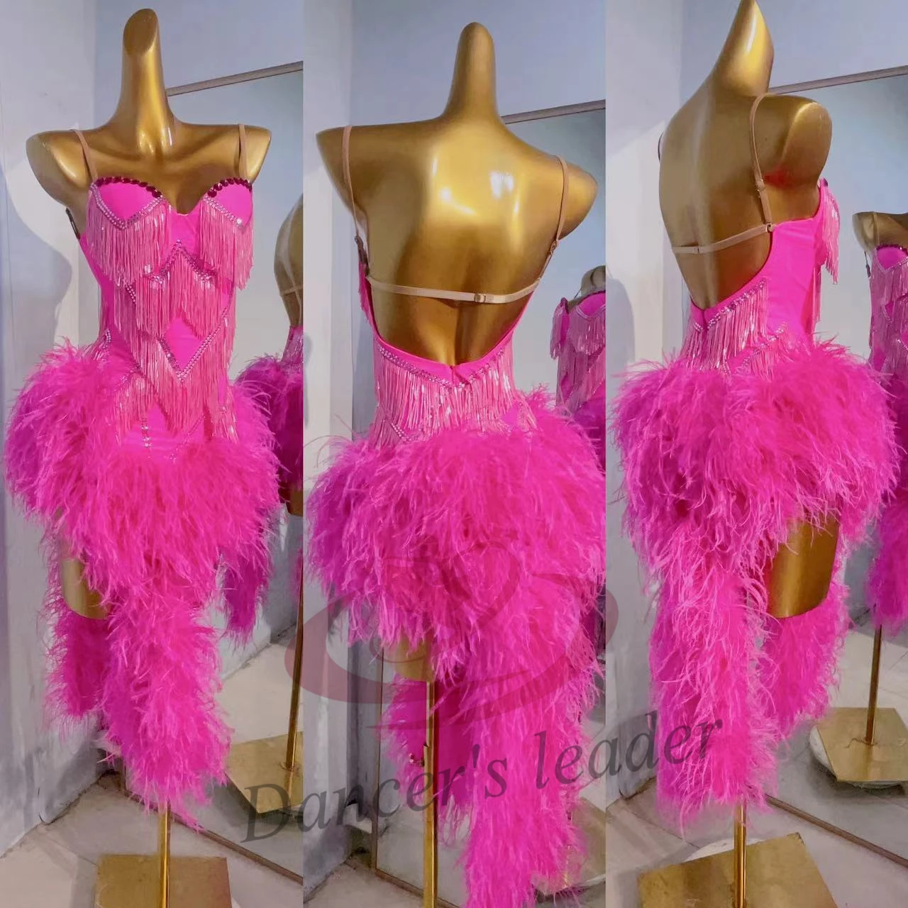 

Latin Dance Competition Women's Clothing Children's High-end Custom Fluff Sling Blackpool dress ChaCha Tango Performance Costume