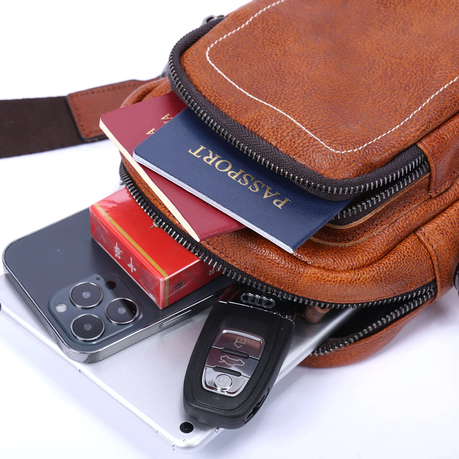 Premium Echtleder Herren Umhängetasche Brusttasche für Männer Vollnarbenleder Mini-Schultertasche für Handy & Schlüssel – Detail 16