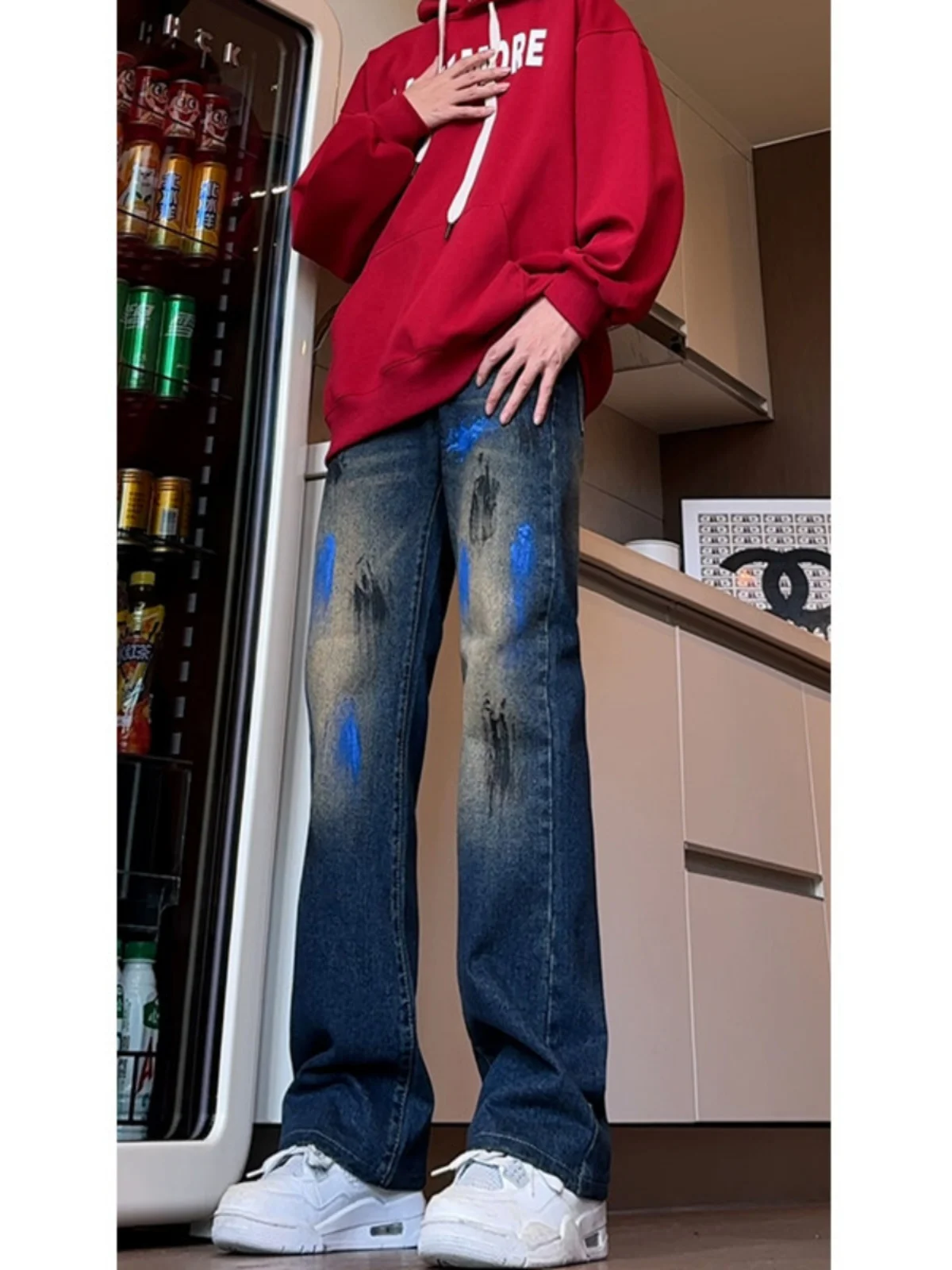 

Retro Deep Blue fiti Straight Leg Men's Jeans Cool Brand Trendy Loose Fit Slimming Pants Youthful Casual Cotton Denim