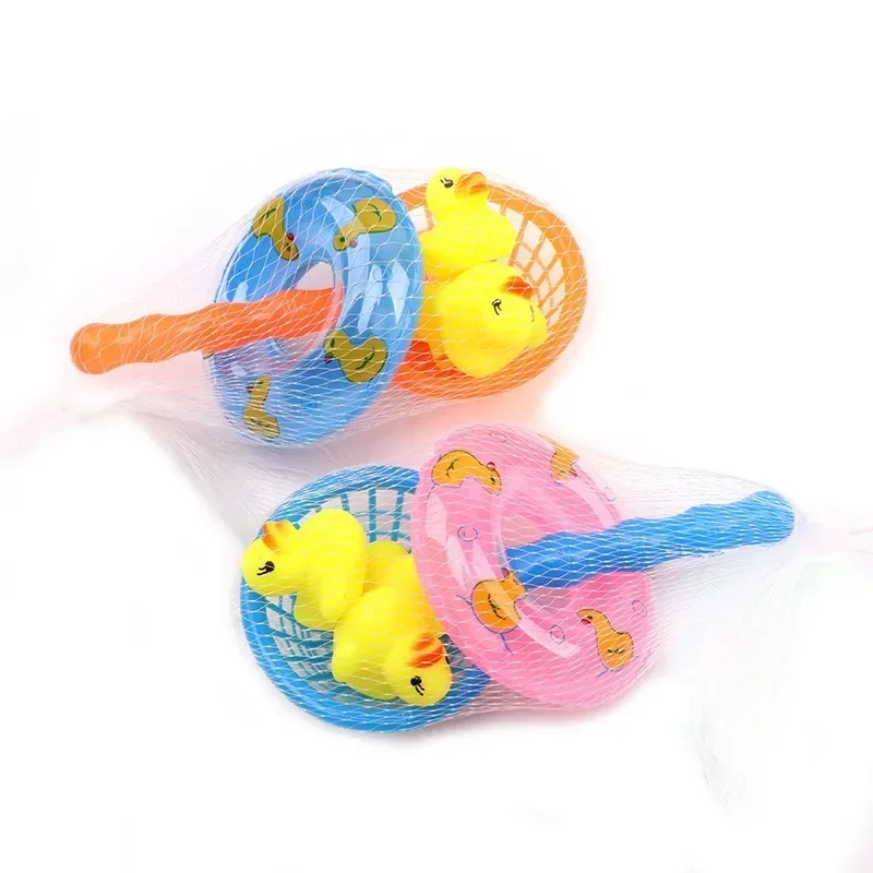 Mini Bath Toys Cartoon Baby Water Fun Bath Toys Swimming Rings Rubber Color Yellow Ducks Fishing Net Washing Toddler Kids Toy