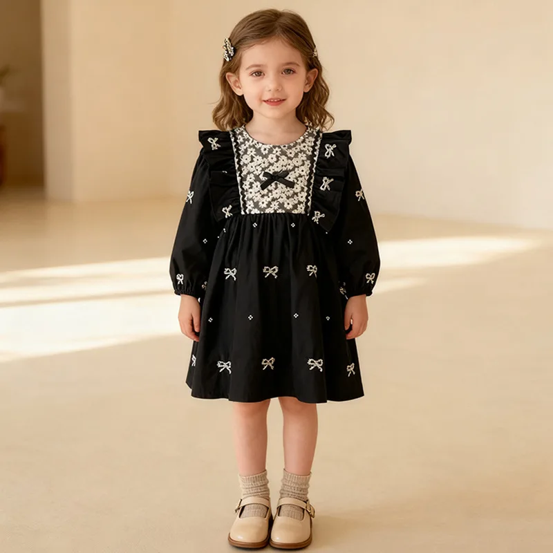 

Girls Dress Spring and Autumn Long Sleeve Doll Collar Lace Embroidered Baby Girl Dress Princess Children's Dress