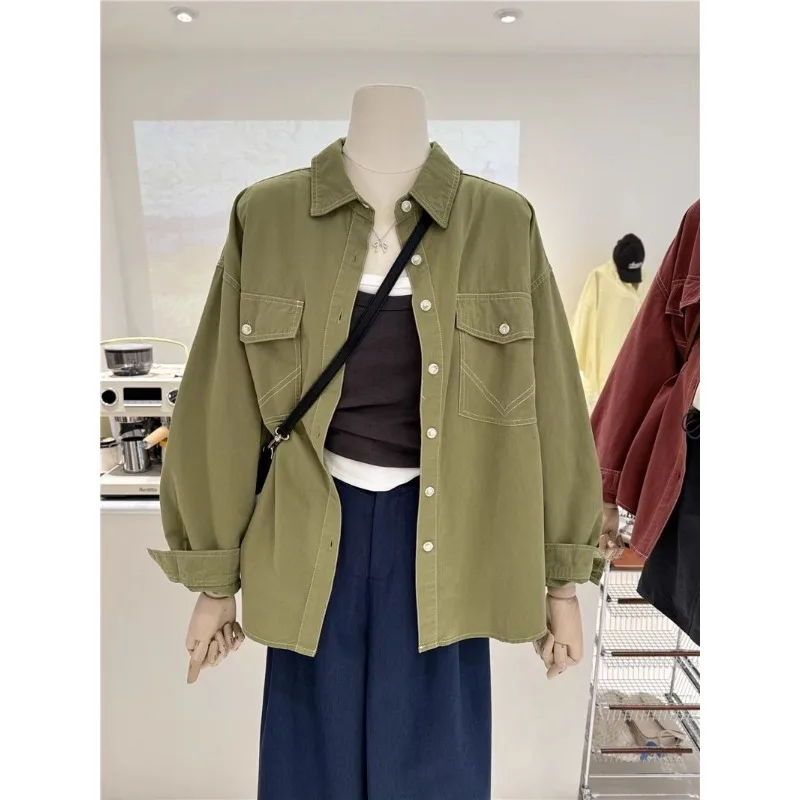 

Temperament Autumn and Winter Top-stitched Korean Style New Loose Retro Lazy Buttoned Shirt Women's Coat Cardigan