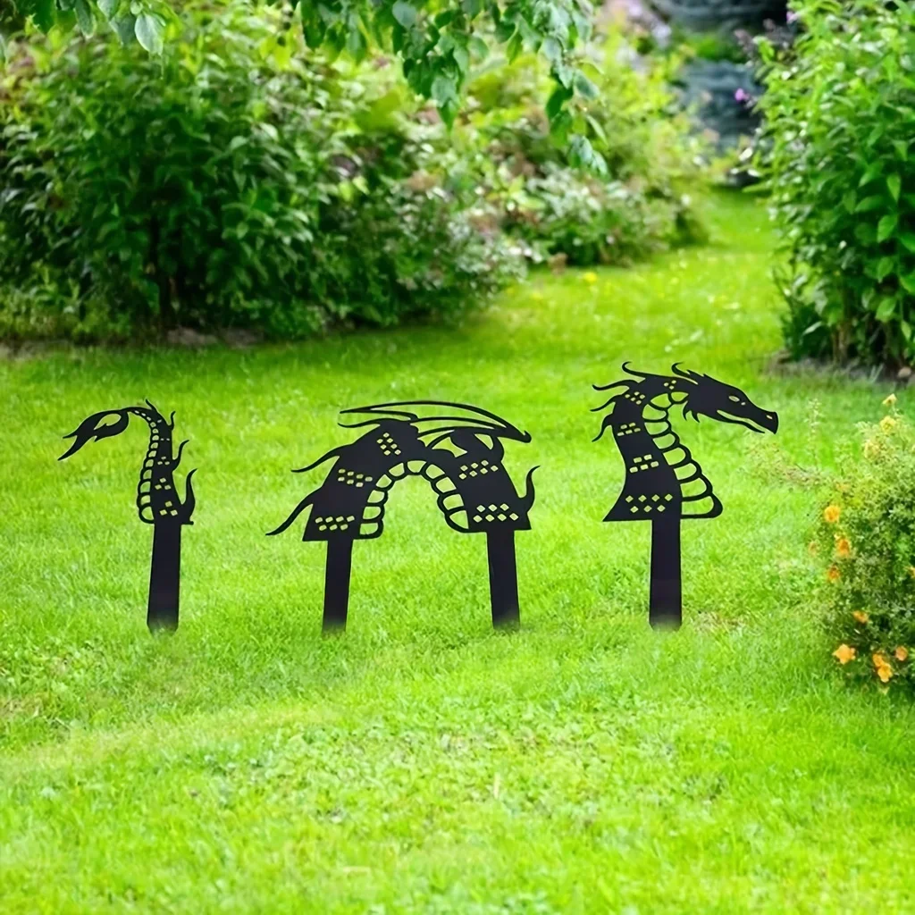 Juego de estaca de jardín de dragón mágico, decoración de silueta de Arte de hierro para patio, grande, decoración de Metal para exteriores, 3 piezas