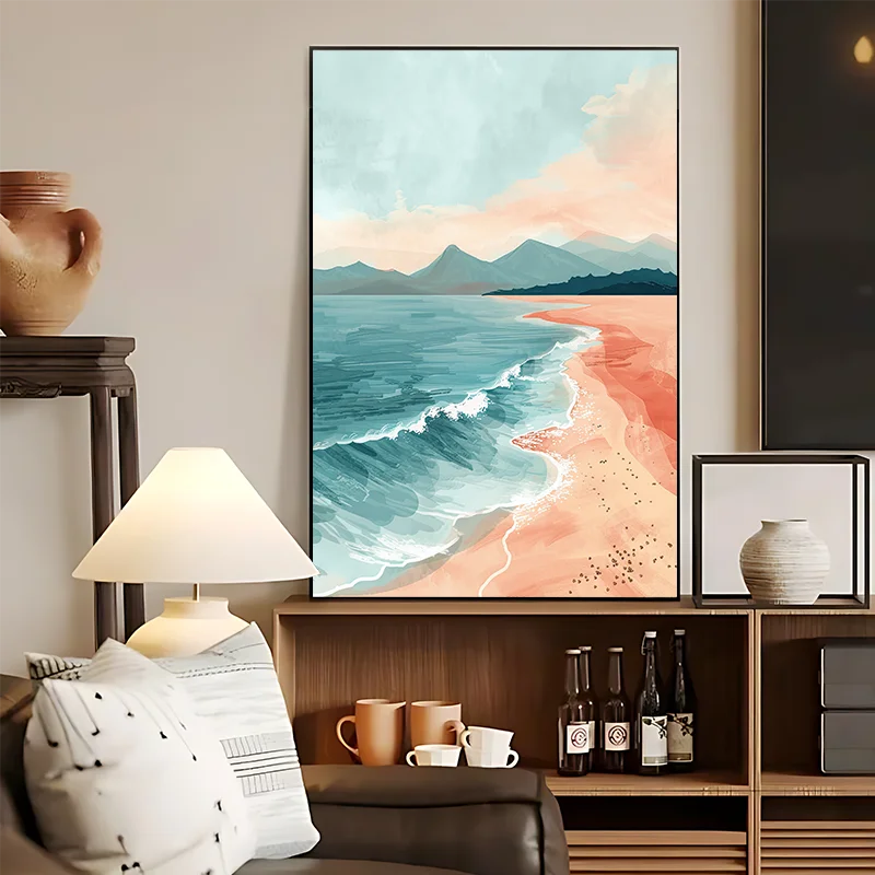 

Fresh Feeling Watercolor Seaside Landscape Illustration Orange Blue Tone Canvas Living Room Decoration Decorative Painting