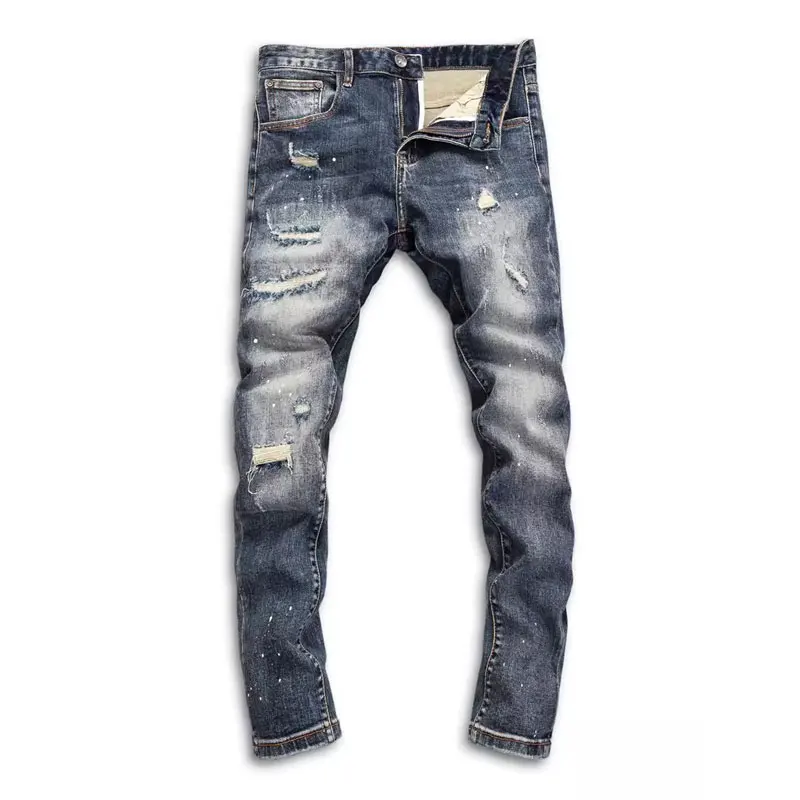 High Street Fashion Men Jeans Retro Blue Stretch Skinny Fit Ripped Jeans Men Hole Patched Designer Vintage Denim Pencil Pants
