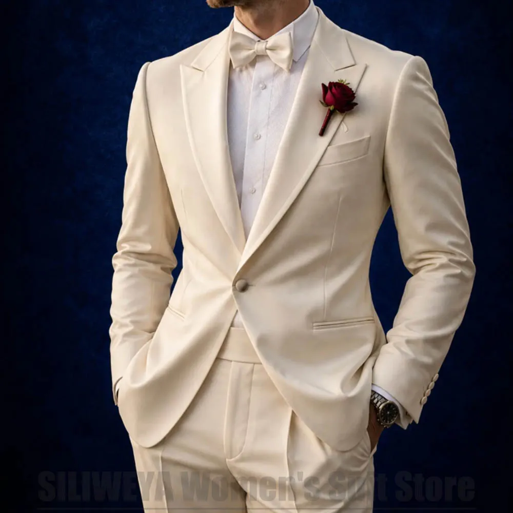 Fashion Men Suit Peak Lapel One Button Two Piece Slim Tuxedo Chic Wedding Groom Formal Prom Banquet Party Business Outfit