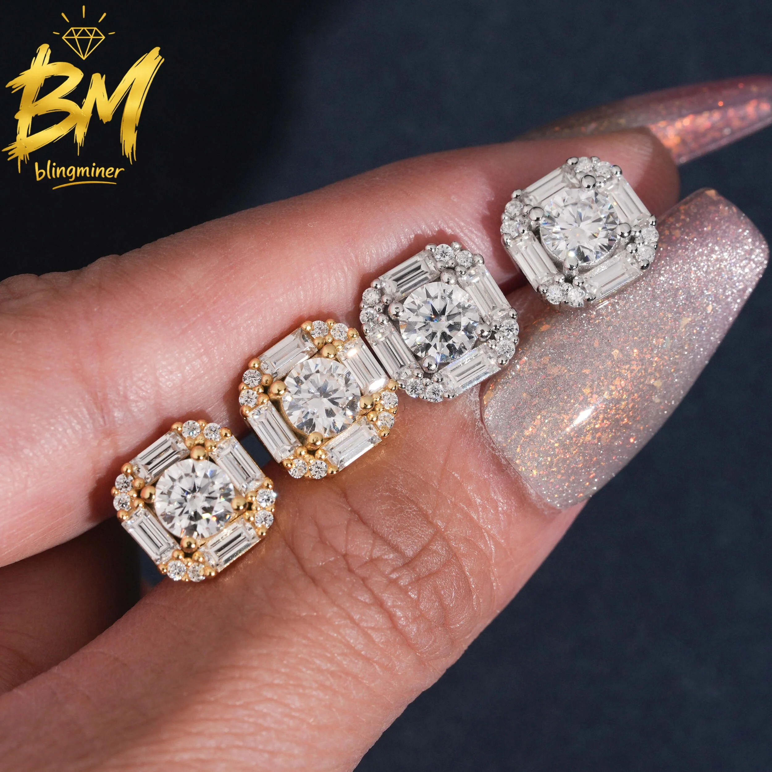 Blingminer Hip Hop 10mm S925 Silver VVS Moissanite Earrings For Men Women Ear Studs Jewelry Pass Diamonds Tester GRA Free Shippi
