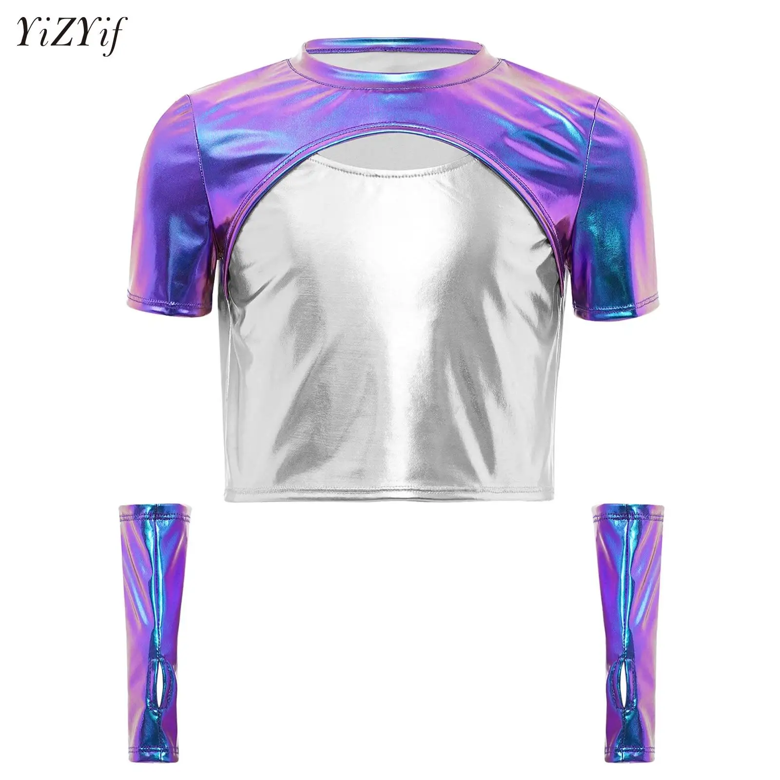 

Kids Girls Hip-Hop Jazz Dance Performance Tops Short Sleeve Cutout Front Color Block Metallic Top with Gloves for Cheerleading