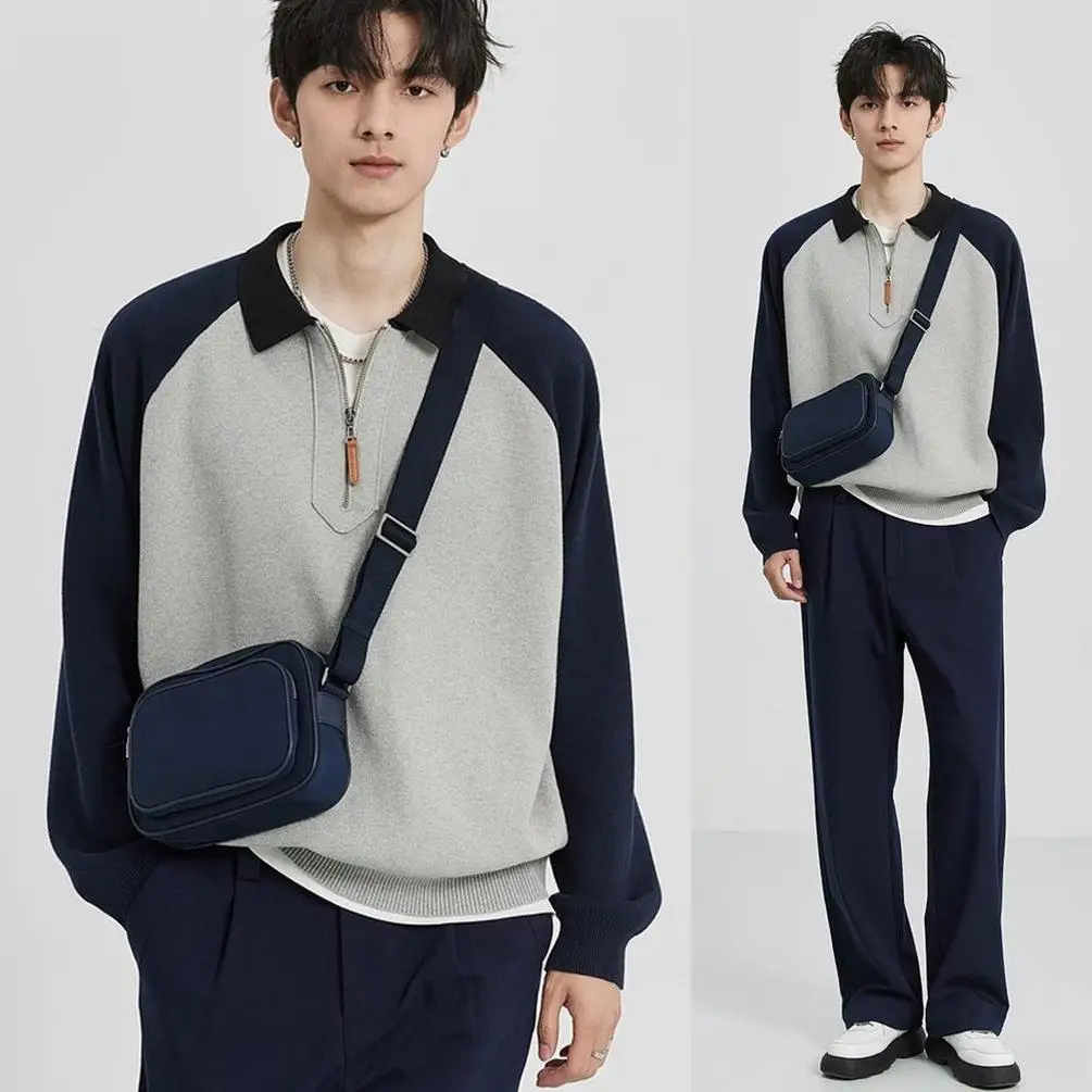 

Autumn Winter Flip Collar Sweater Couple Contrast Color Half Zipper Hoodie Korean Style Business Knitted Coat for Men
