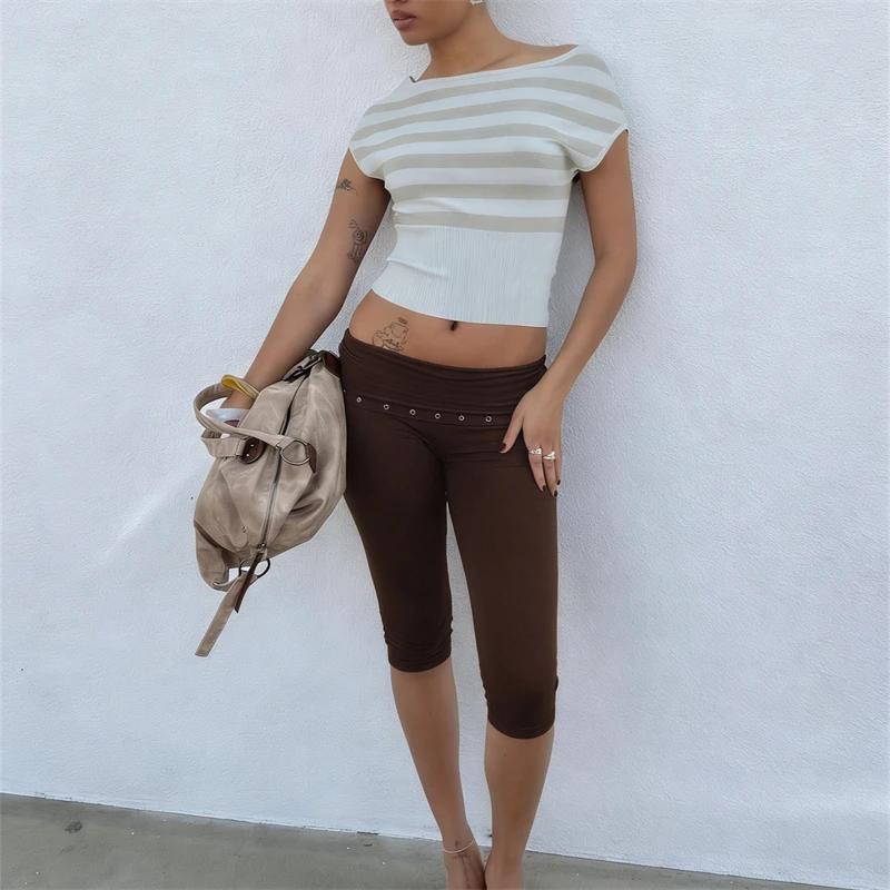 Women Fold Over Capri Leggings Knee Length Stretch Lounge Yoga Pants Cyber Grunge Y2K Tight Low Rise Athletic Cropped Capris