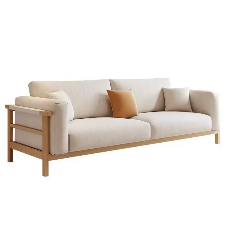 Nordic Solid Wood 3 Seater Sofa Japanese Style Fabric Couch Log Legs Cat Claw Proof Straight Loveseat for Small Apartment