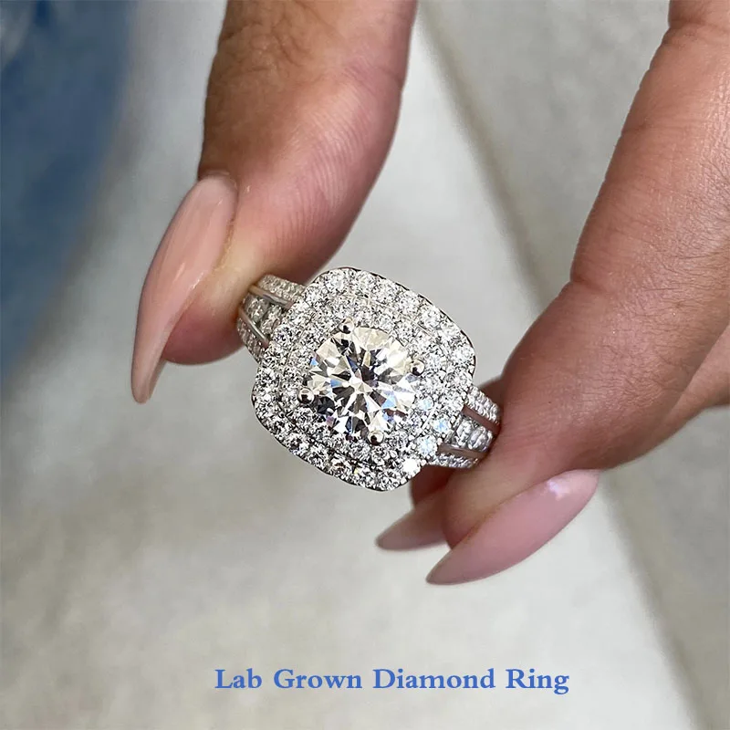 

2.9Ctw DEF VS VVS Round Cut CVD HPHT Lab Grown Diamond Engagement Ring With IGI Certificate Double Halo Real 14K Gold Ring