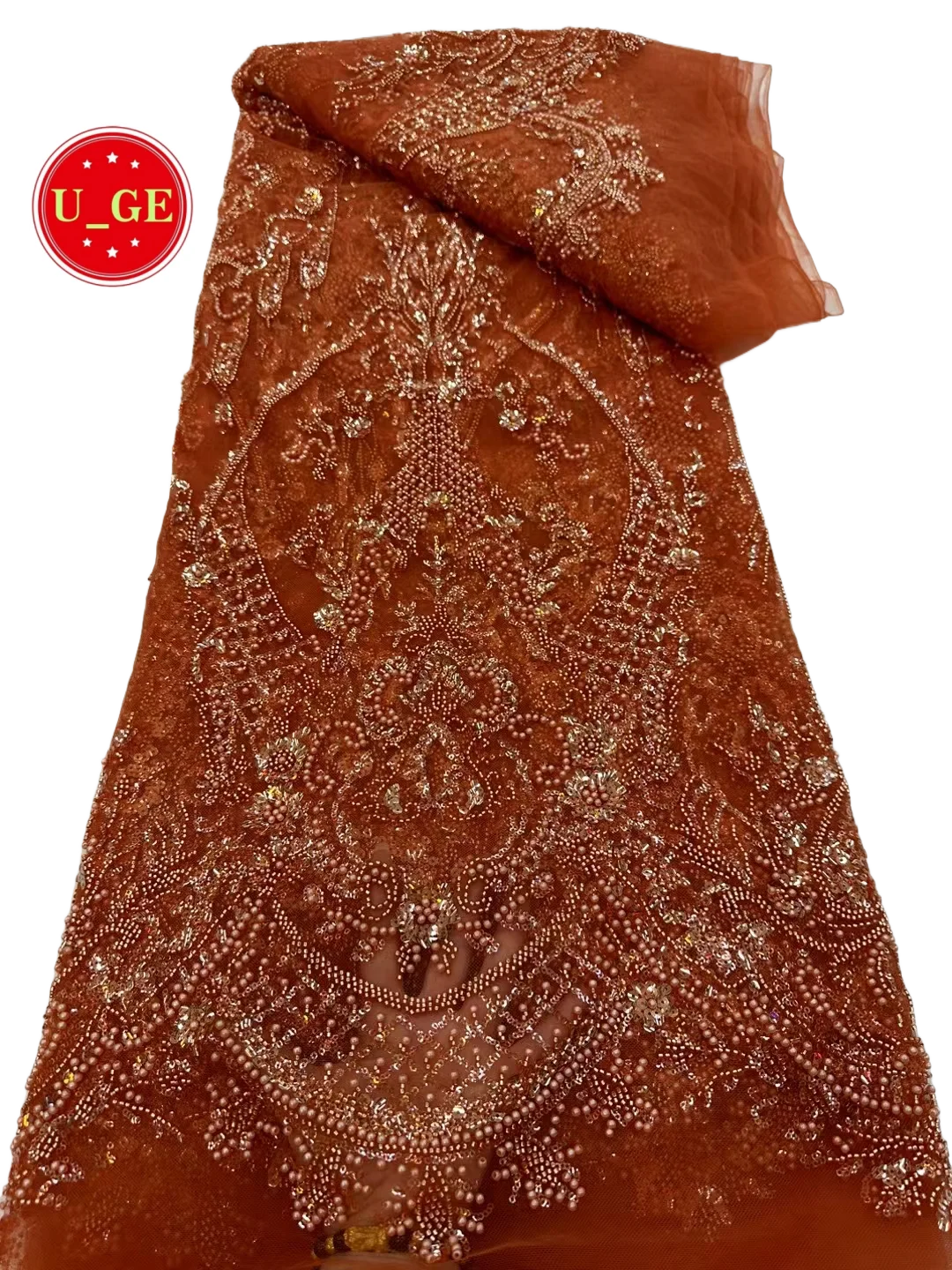 

Luxurious Delicate Soft Beaded Lace Fabric with Stones – Elegant High-Quality Tube Lace for Wedding & Evening DressesU_GE1978