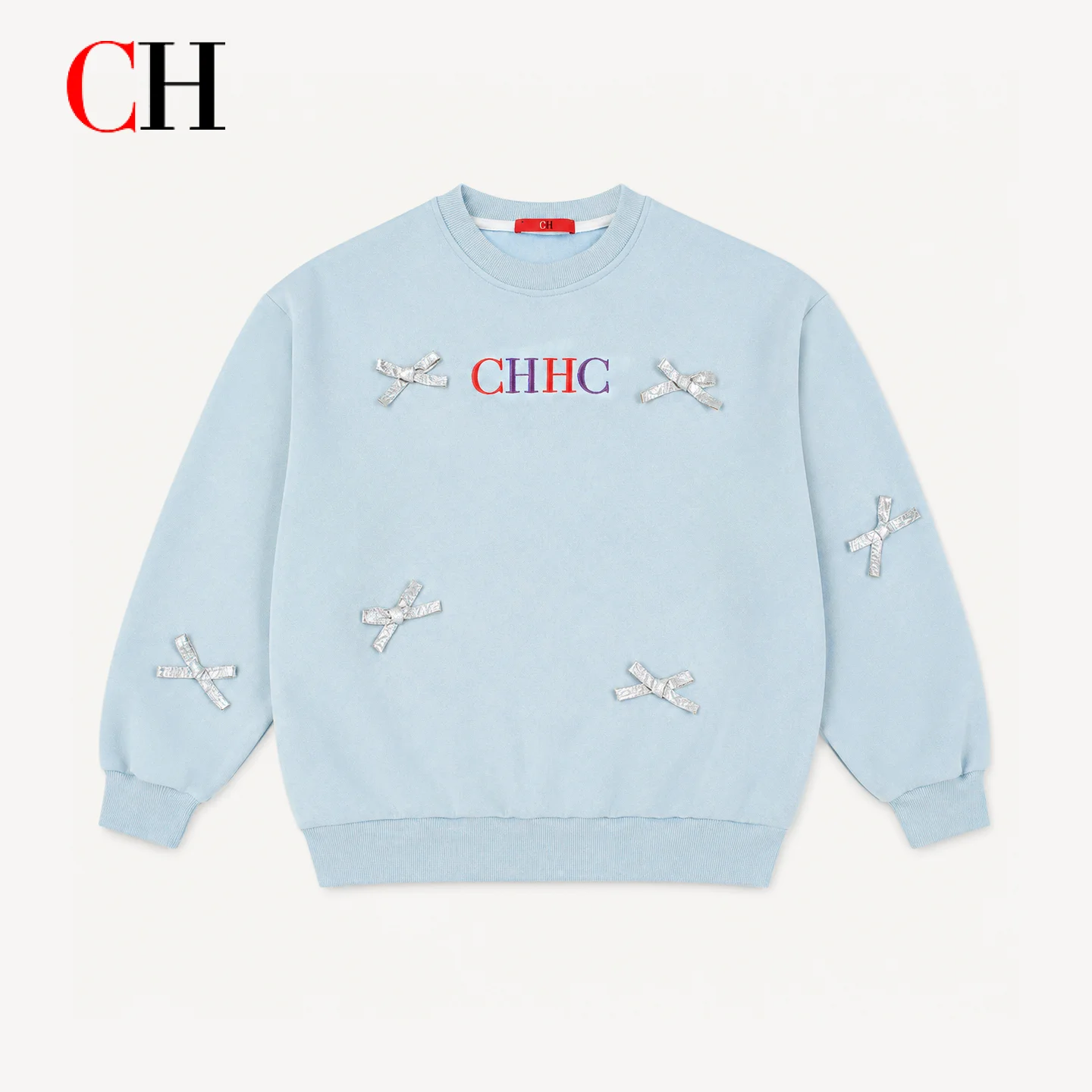 CH Girls Sweatshirt Long Sleeve Bow Applique Crew Neck Pullover Kids Casual Spring Autumn Top Light Blue