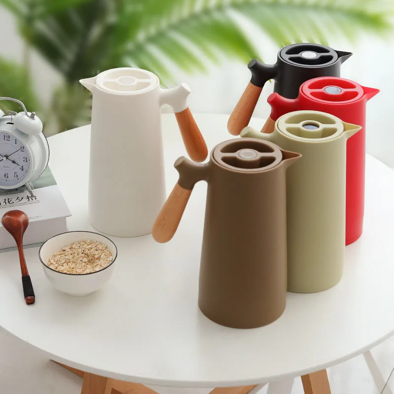 1L Large Capacity Simple Insulated Kettle 360° Leakproof Household Thermos Hot Water Bottle with Solid Wood Handle