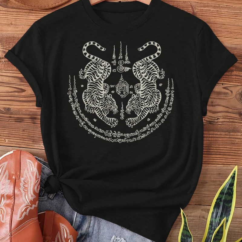 Tiger-Striped Sashimi Sak Yant Thai Tattoos Featuring Twin Tigers Muay Thai Magic Thai Printed T-Shirt Short-Sleeve Casual Top