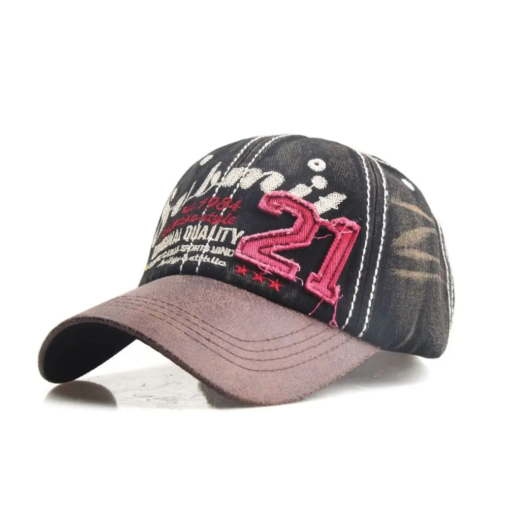 

Retro Adjustable Vintage Baseball Cap 21 Embroidery American Style Tattered Jeans Sun Hat Cotton Sunscreen Peaked Cap Men