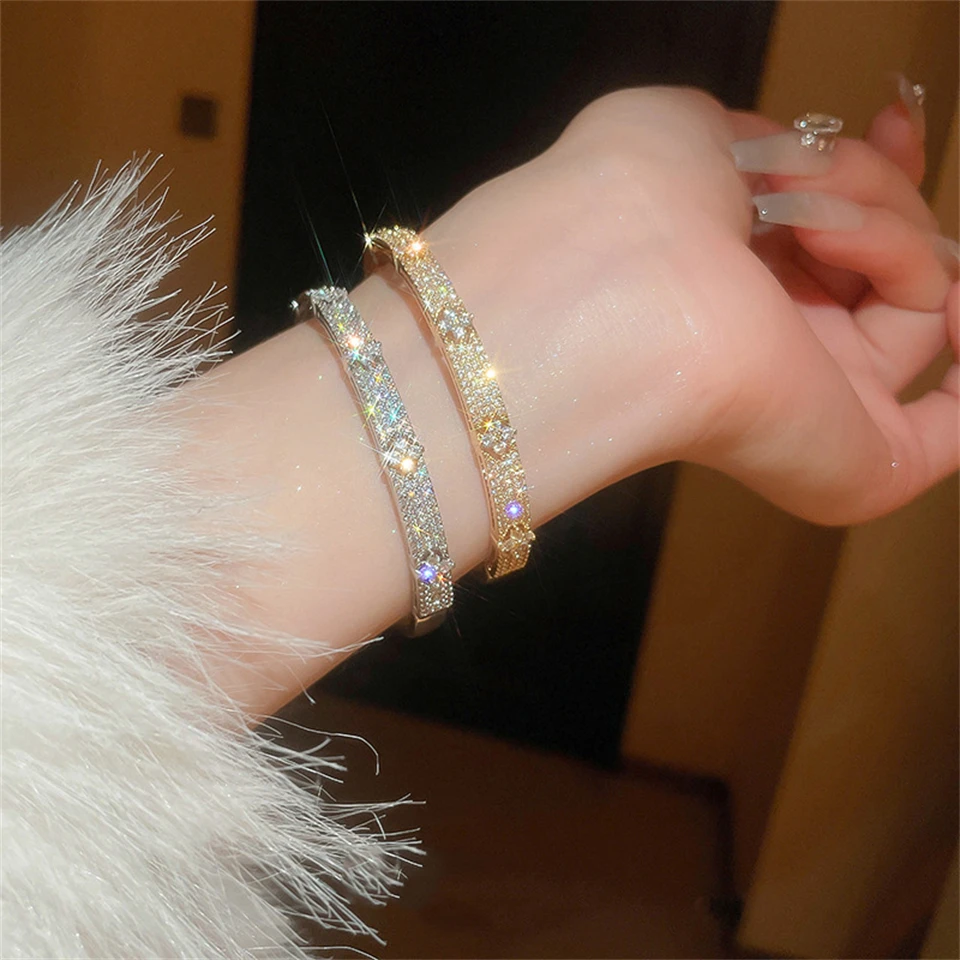 Yupsk Luxury Shiny Full Zircon Open Bangle Bracelet for Women Exquisite Brass Flowers Design Wedding Party Jewelry Gift image 4