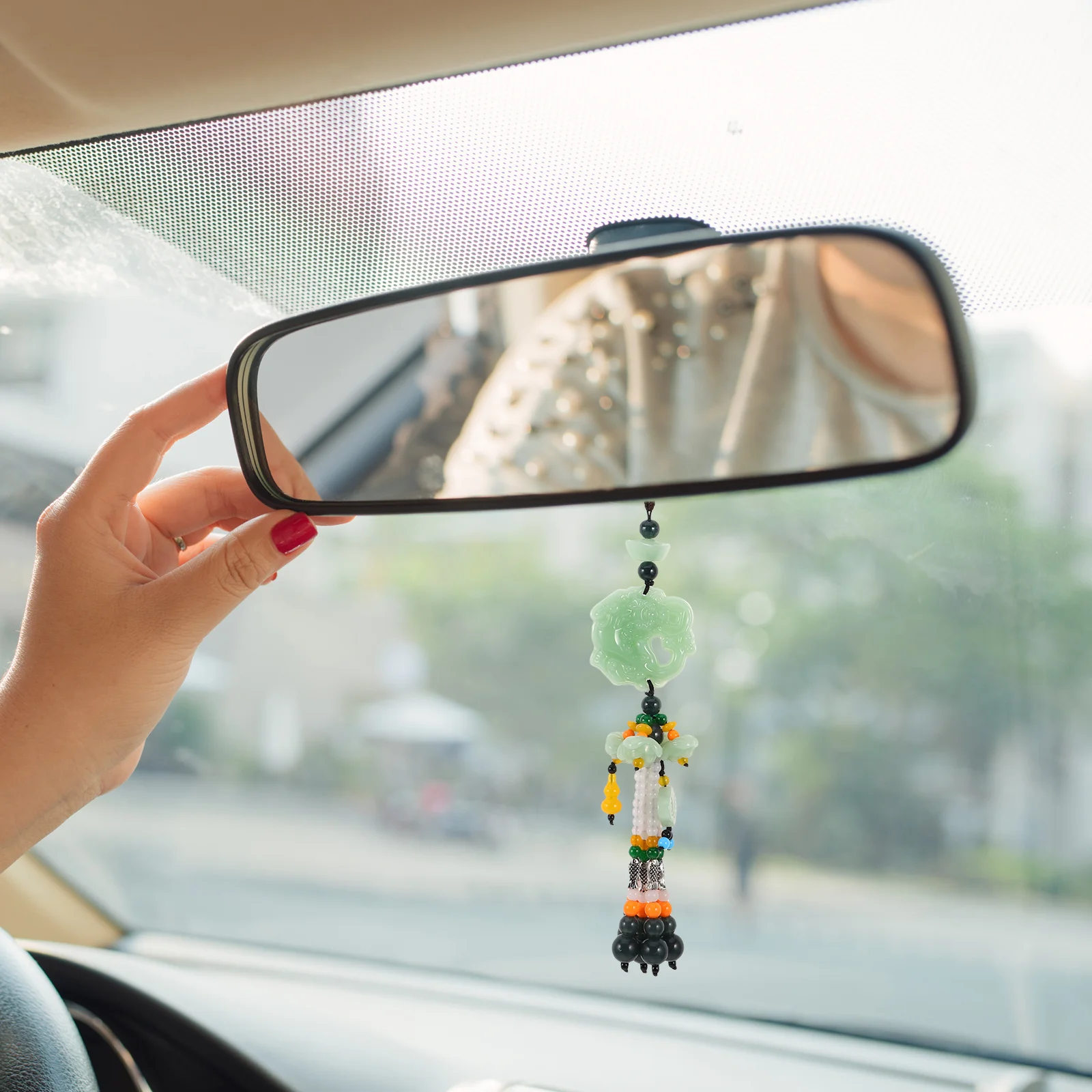 

Car Feng Shui Ornament Double Sided Green Crystal Glass Gourd Lotus Pendant Rearview Mirror Hanging Decoration Lucky