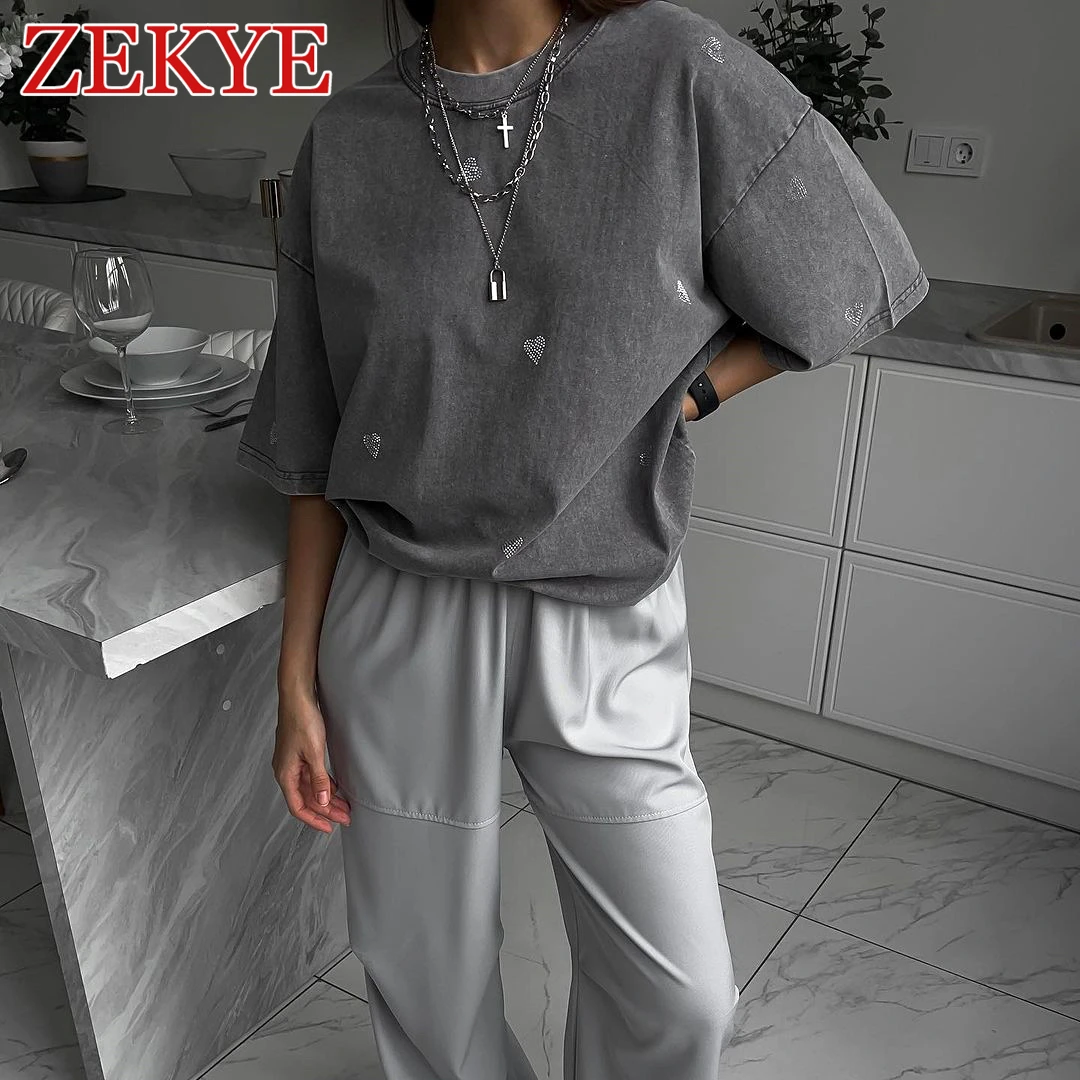 Zekye Distressed Grey Oversized T-shirt Women Aesthetic Rhinestone Heart Basic Vintage Top Summer Casual T-shirt Korean Fashion