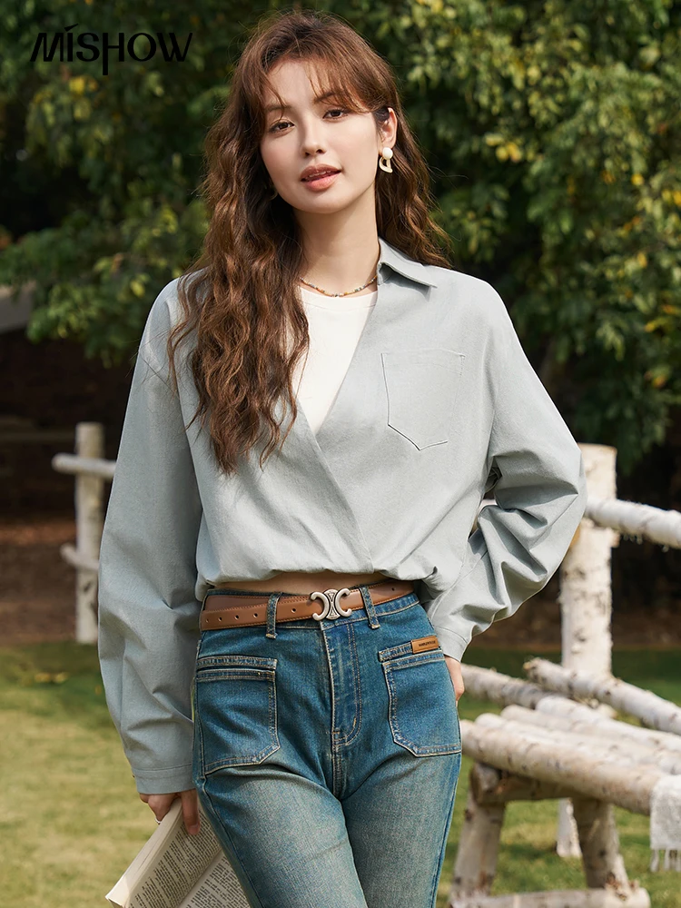 MISHOW 100 Cotton Temperament Fake Two-piece Short Shirt 2024 Spring Polo Neck Patchwork Elastic Waist Loose Tops MXD14X1381