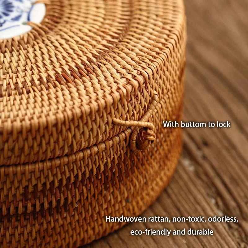 Handwoven Rattan Storage Box With Lid Wicker Tea Food Container Picnic Bread Fruit Cake Basket Ornament Box Kitchen Organizer