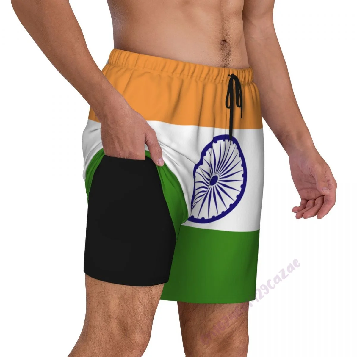 

India Flag 3D Mens Swimming Trunks With Compression Liner 2 in 1 Quick-Dry Summer Swim Shorts With Pockets