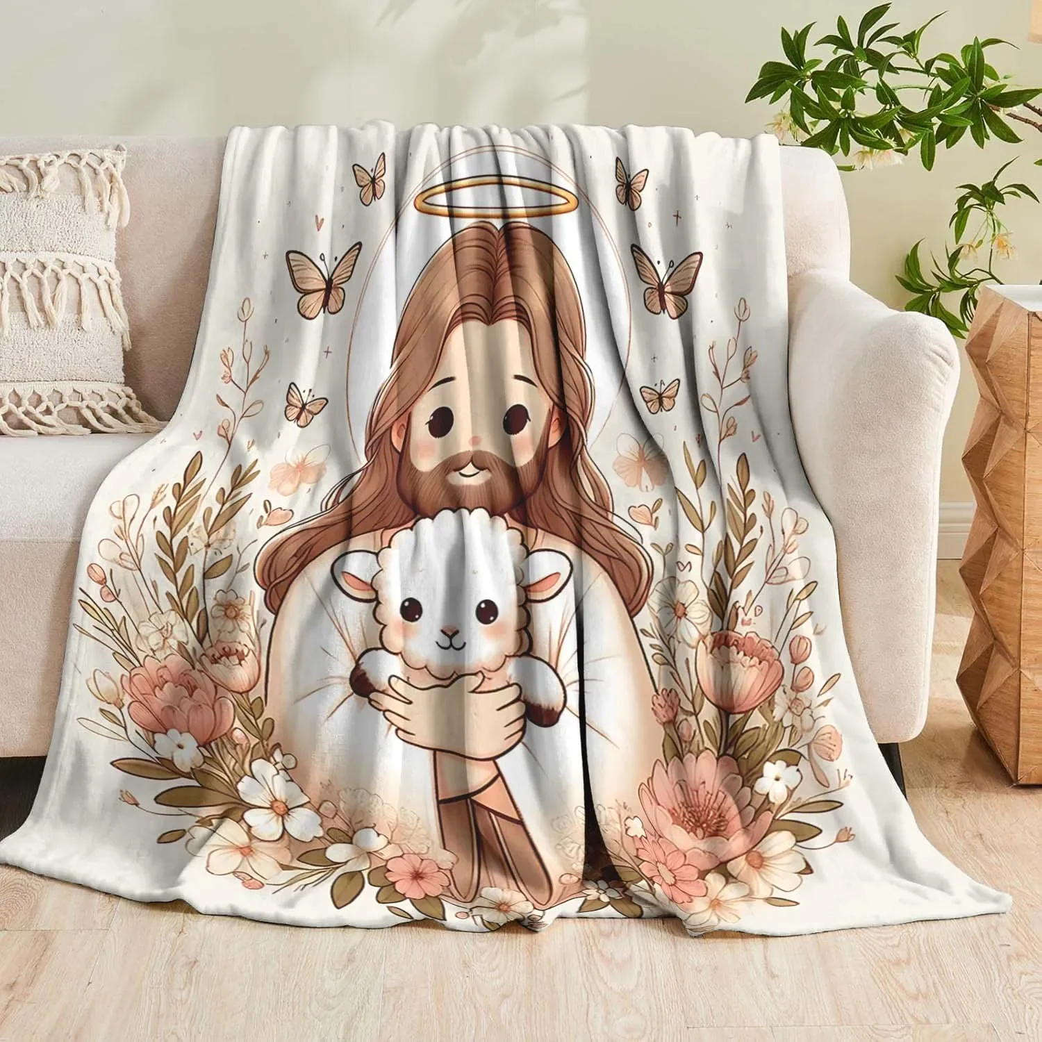 Customization 1pc Lightweight Flannel Blanket Features Cartoon Embracing A Little Lamb Design – Ideal Holiday Gift For Family Or
