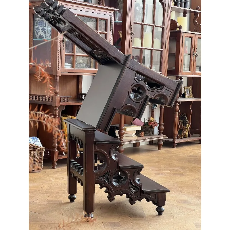 French retro solid wood carving flower chair, small household multi-functional movable step ladder, medieval dining chair