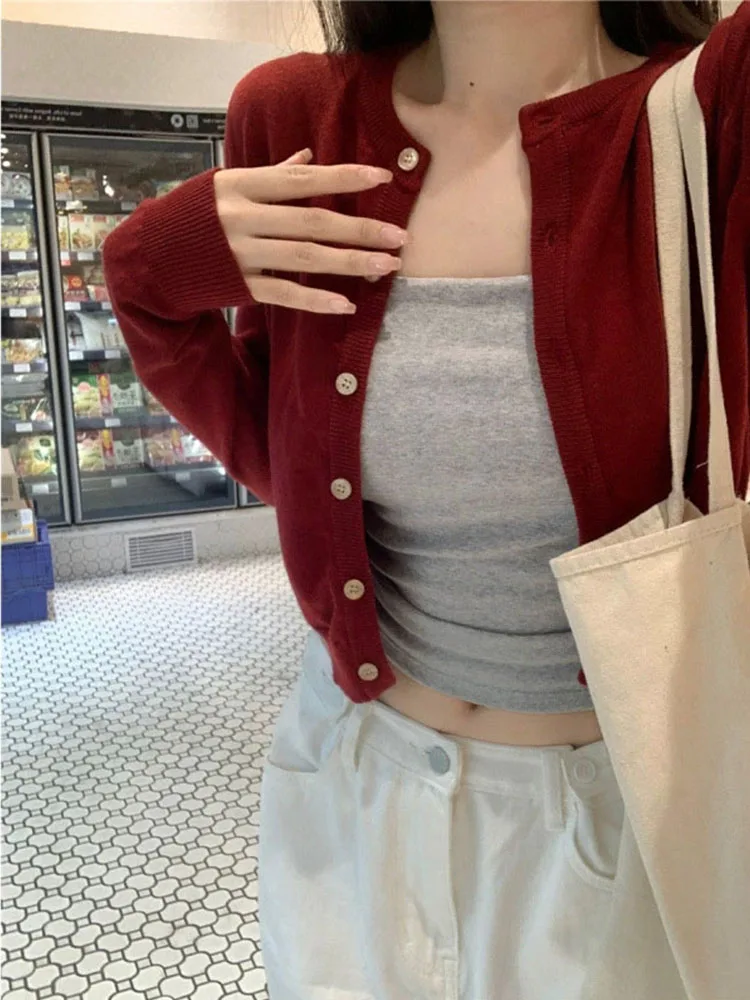 Red Cardigan Knit Early Autumn Women Clothes New 2025 Outdoor Crop Sweater Outerwear Long Sleeve Top Bottoming Shirt
