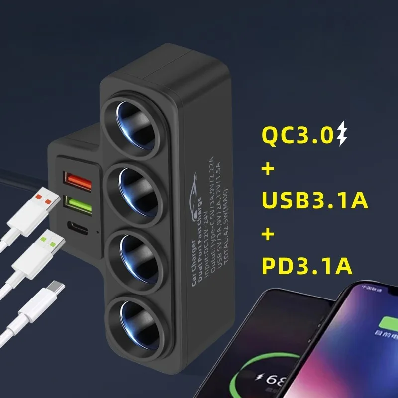 12V/24V Car Cigarette Lighter Adapter New 4-Socket 3.1A Charger Charger USB Car USB+QC3.0+PD3.1A Accessories 120W Power Outlet