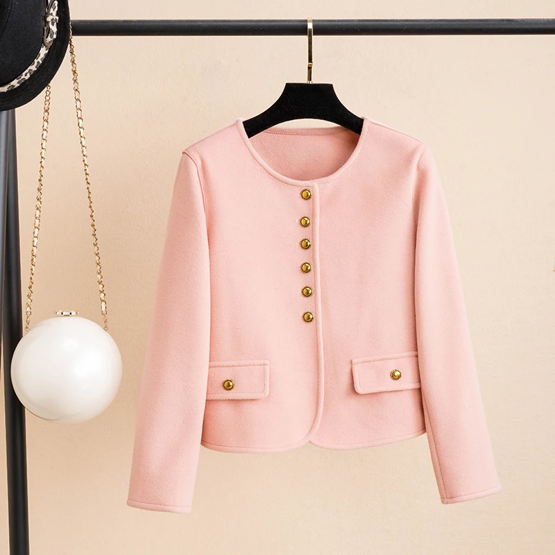 

Double-Sided Woolen Coat Fem Long Sve round Ne Button-Up Spring Autumn New Sle plus Size Retro-looking Jaet