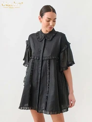 Clacive Summer Loose Black Cotton Women'S Dress 2024 Casual Lapel Short Sleeve Mini Dresses Elegant  Ruffle Solid Female Dress