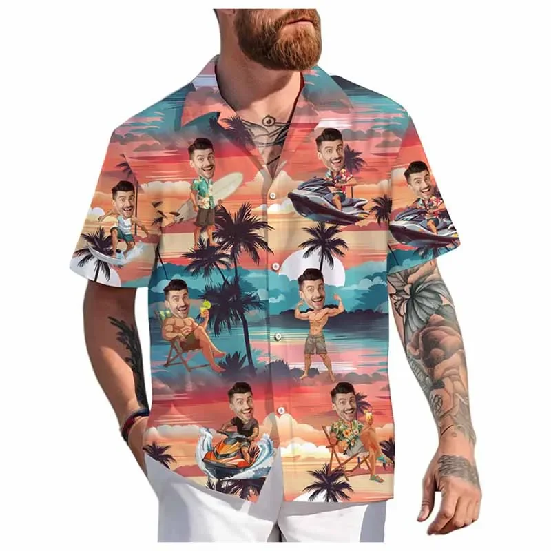 Custom Face Hawaiian Shirt Unisex Funny Personalized 3D Printed Button Shirts Spring Summer Beach Short Sleeves Lapel Shirts