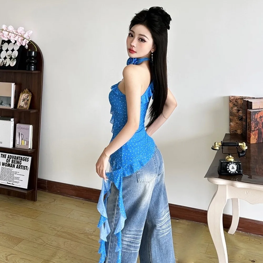 SylCue 메쉬 패치 워크 탱크 탑 여성 슬래시 넥 오프 숄더 플라워 홀터 도트 프린트 프릴 리본 우아한 스트리트 의상