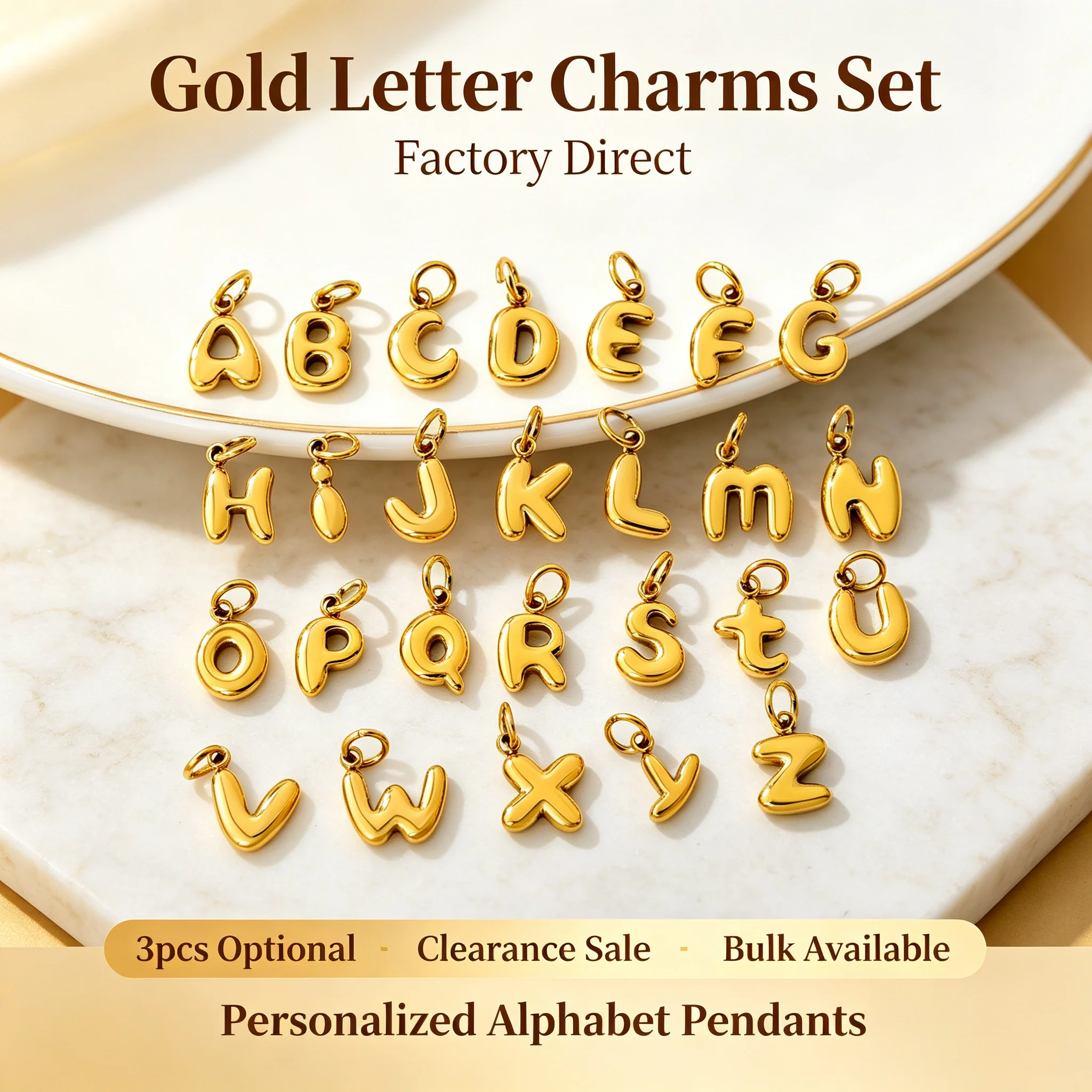 Factory Wholesale Direct Stainless Steel 3D Bubble Alphabet Charms 3Pcs Minimalist Letter Pendants for DIY Jewelry Making