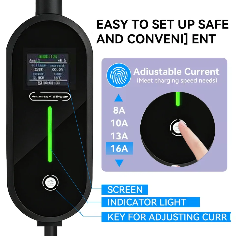 3.5KW Portable EV Charger 3m-10m Cable Type2 IEC62196/ GB/T Connector 16A 1Phase Type1 Wallbox Charging for Electric Vehicle