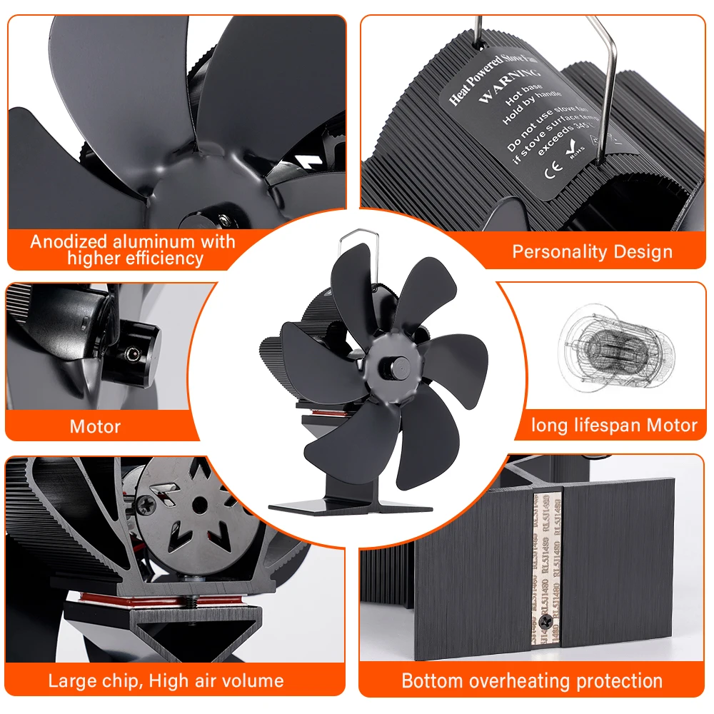 6 Blades Heat Powered Stove Fan Log Wood Burner Eco-fan Quiet Fireplace Fan Winter Warm Home Heater Efficient Heat Distribution