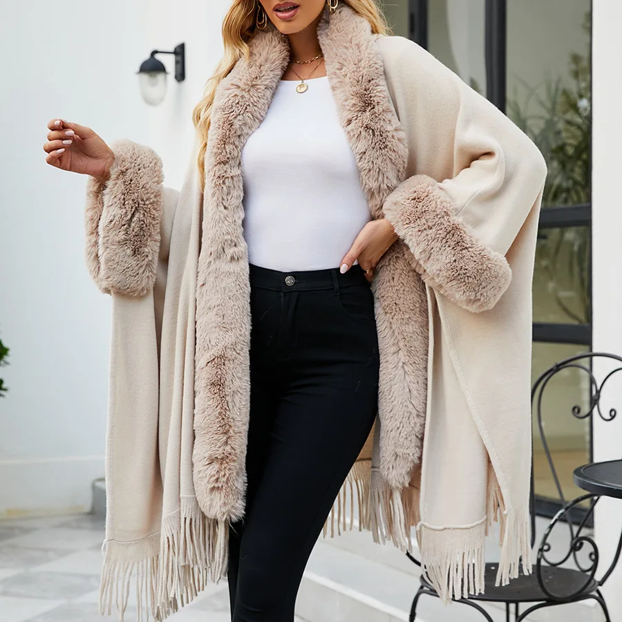 Fast Delivery Faux Fur Coat Tassel Cape Hooded Poncho Knitting Loose Plus Size Women\'s Winter Coats Shawl Fashion Solid Color