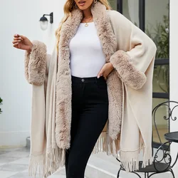 Fast Delivery Faux Fur Coat Tassel Cape Hooded Poncho Knitting Loose Plus Size Women's Winter Coats Shawl Fashion Solid Color