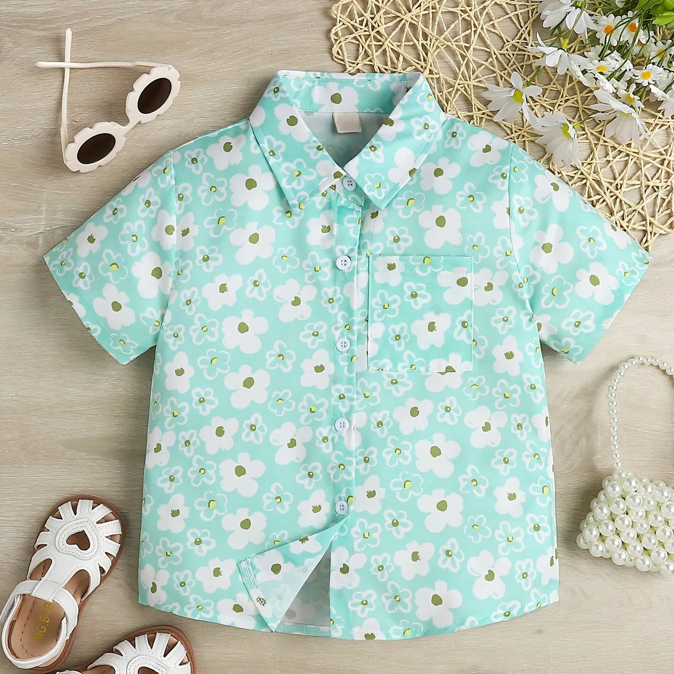 Girls Cute Sweet Strawberry Print Hawaiian Style ﻿Short Sleeve Shirt Lightweight Summer Vacation Top Fashionable Collar