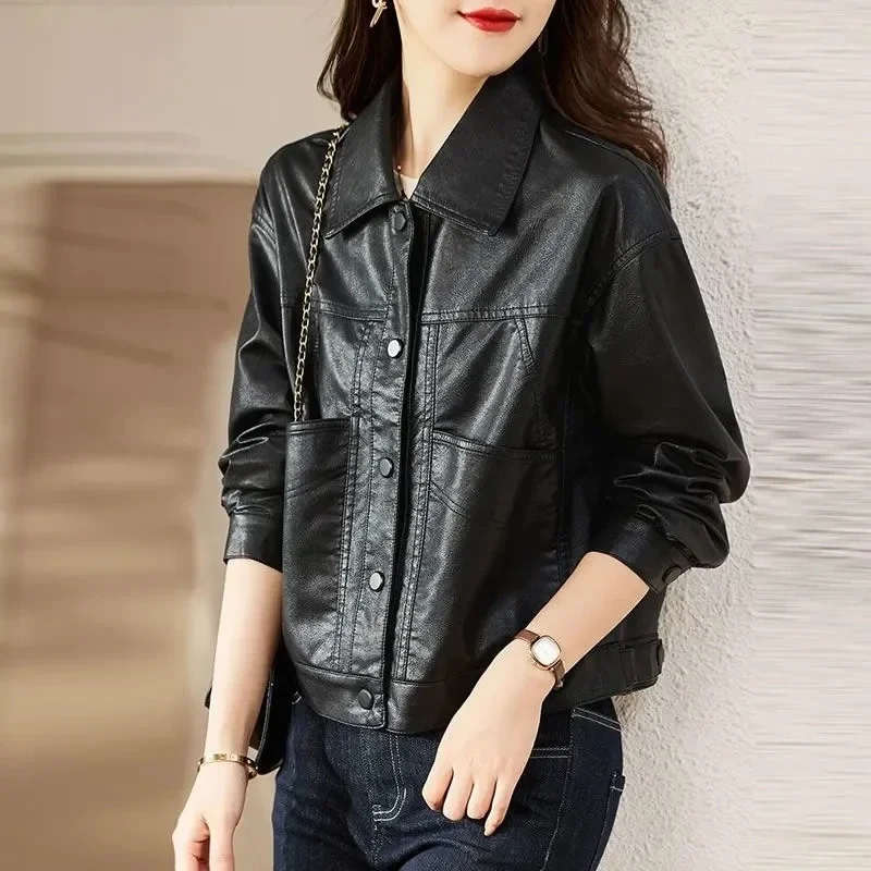 Vintage Pu Cropped Coat Women Fashion Single Breasted Faux Leather Jacket Cool Girl Luxury Pocket Black Streetwear Tops Y2k New