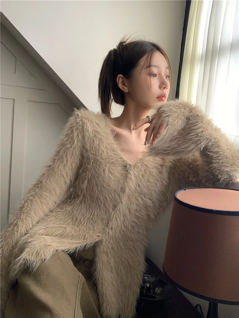 CHEERART Mohair Khaki Fuzzy Cardigan Women V Neck Button Up Flare Sleeve Fluffy Designer Long Cardigan Korean Fashion Knitwear