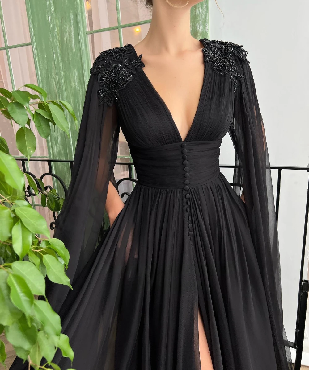 Elegant Black Deep V-Neck Chiffon Prom Dresses Long Cape Sleeves Beaded Appliques High Slit A-Line Maxi Evening Gowns