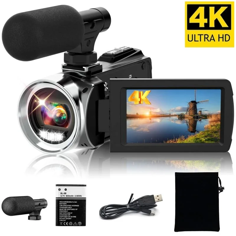 Videocámara 4K con micrófono, cámara de vídeo infrarroja Vlogging con Zoom 18X para Youtube, grabadora Digital portátil de 48MP, transmisión en vivo